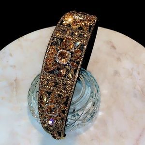 HEAD BAND GOLD RHINESTONES BLACK SUEDE NEW HAIR ACCESSORIES GLAM GLASS 1 1/2 IN
